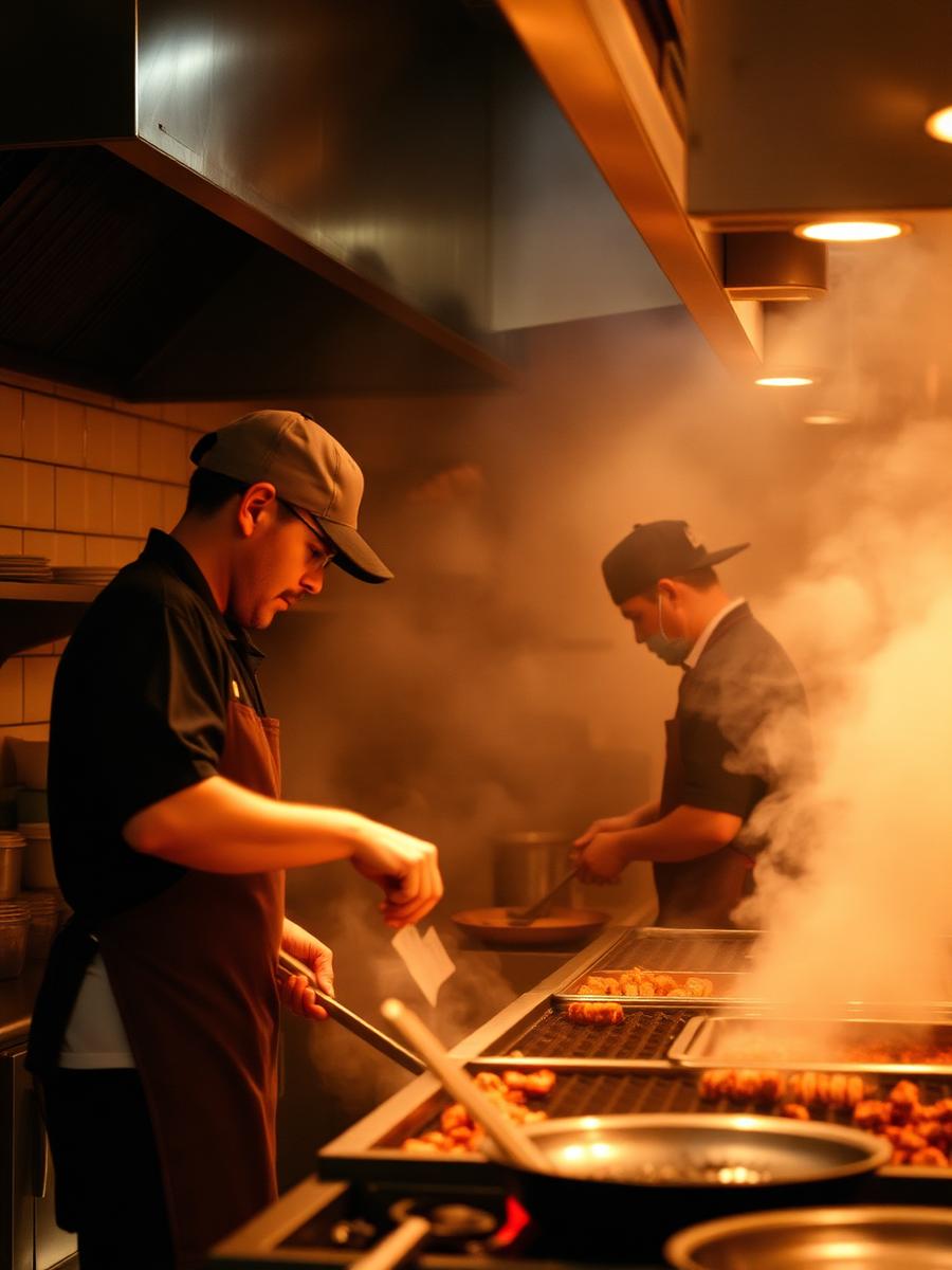 Cocineros trabajando en la parrilla en una cocina abierta concurrida