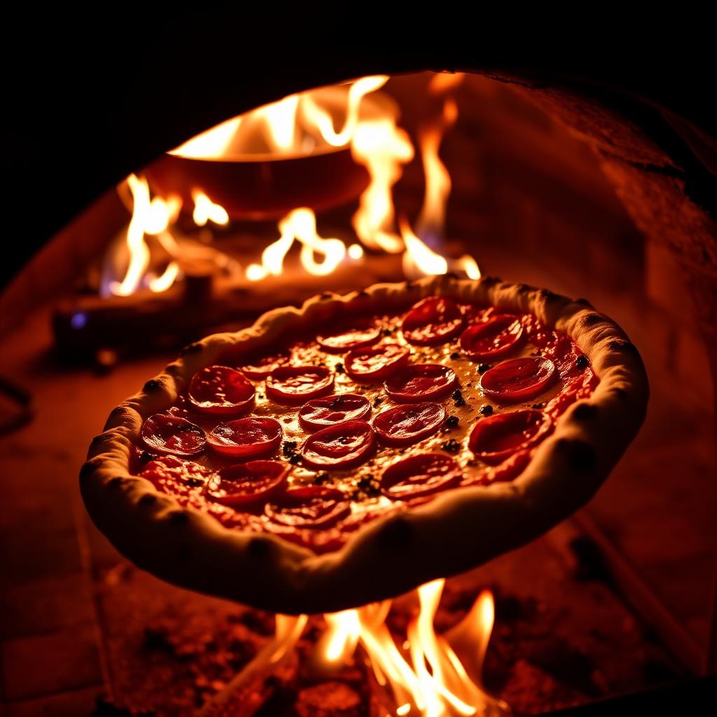 Pizza de pepperoni ahumada saliendo fresca del horno de leña