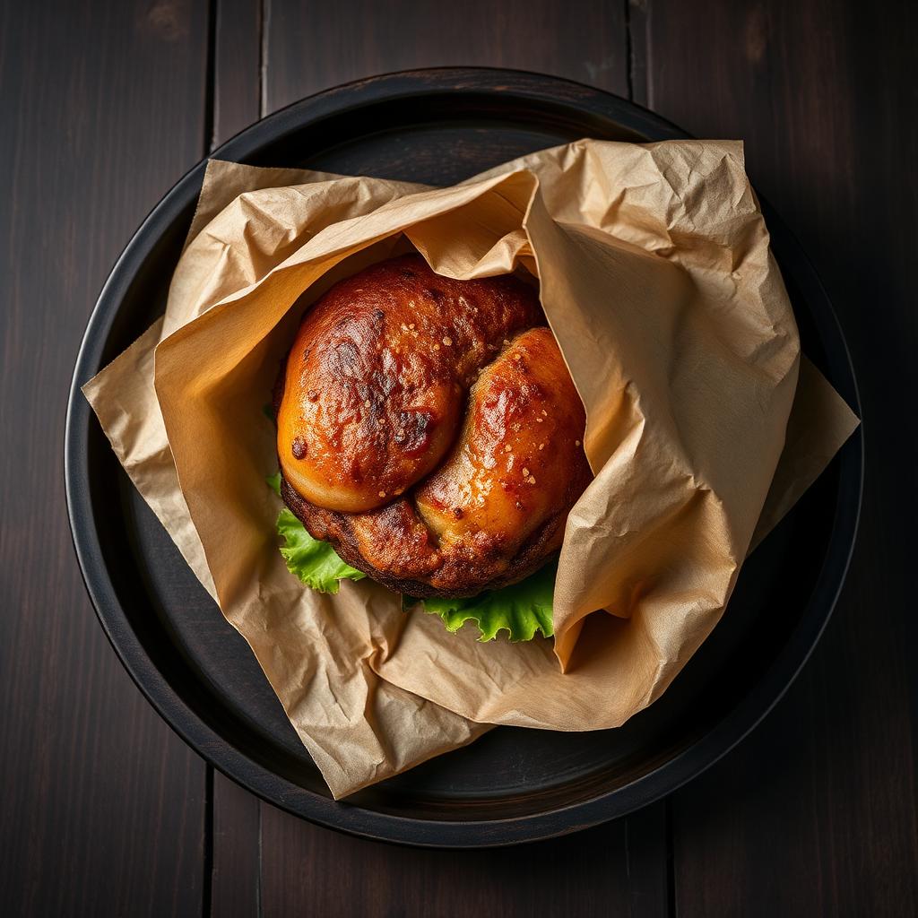 Hamburguesa envuelta en papel sobre una bandeja de servicio oscura