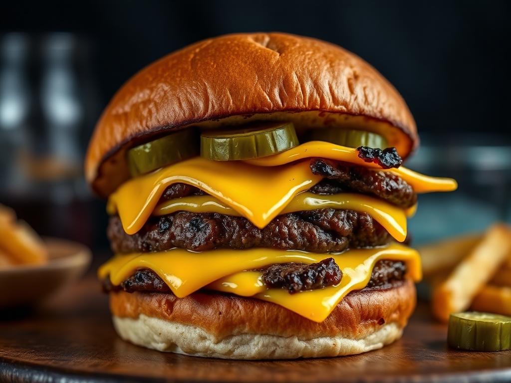 Hamburguesa doble smash con queso cheddar derretido y pepinillos