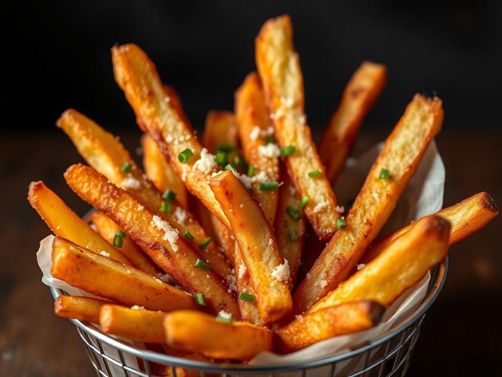 Papas fritas trufadas crujientes con parmesano en una canasta de metal