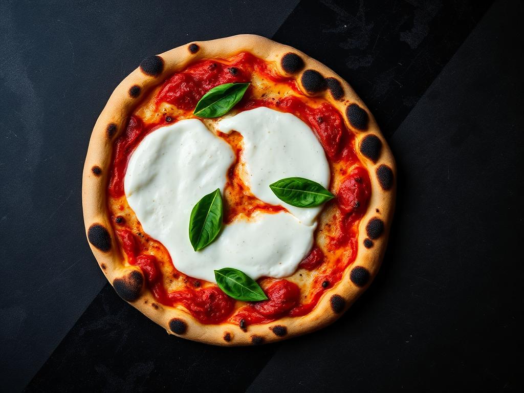Pizza margherita a la leña con mozzarella burbujeante y albahaca fresca